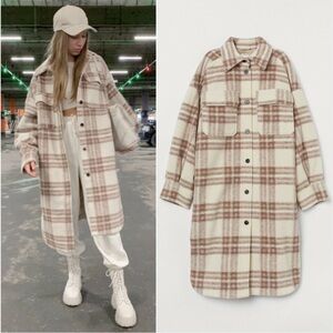 H&M long shirt jacket plaid Shacket coat beige dusty rose XS 4 blogger style